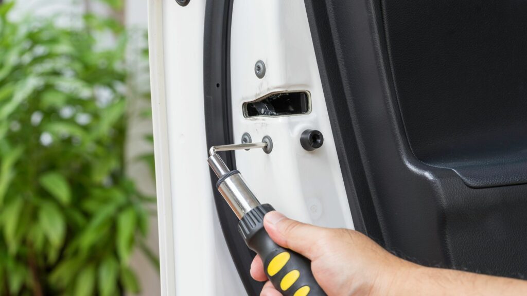 A car locksmith fixes a door